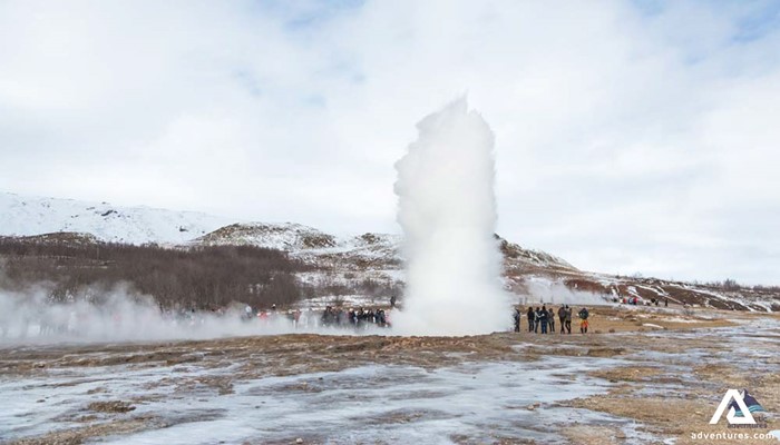 Geyser Eruption during Winter in Iceland