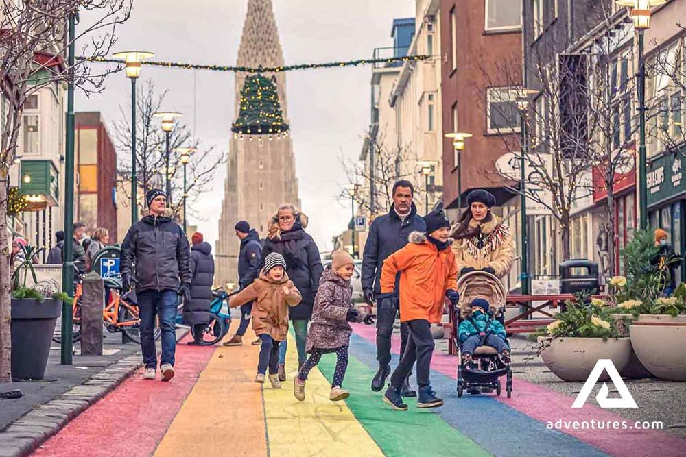 Family Walking in Reykjavik on Christmas