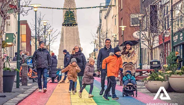 Family Walking in Reykjavik Streets on Christmas