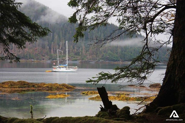 Sailing Boat in Canadian Waters by the Forests