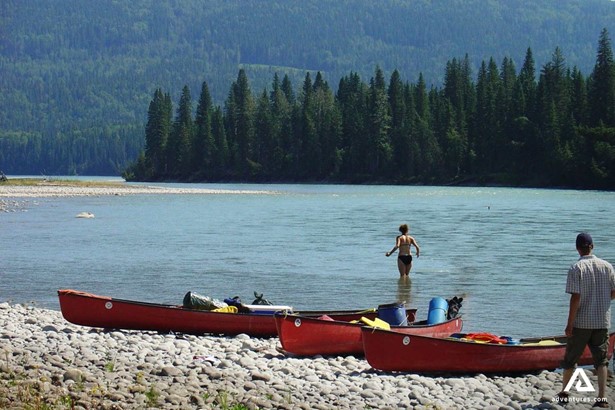 Canoers Swimming in Athabasca River