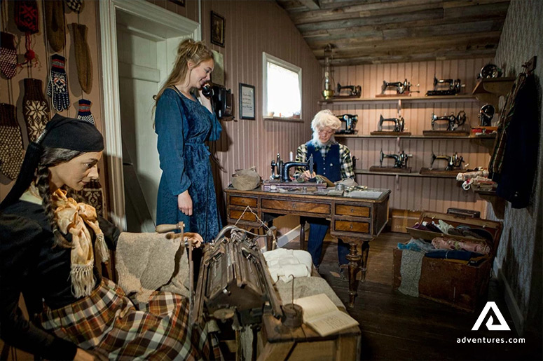 Traditional view of historic Iceland countryside life in museum at wilderness center, Iceland.