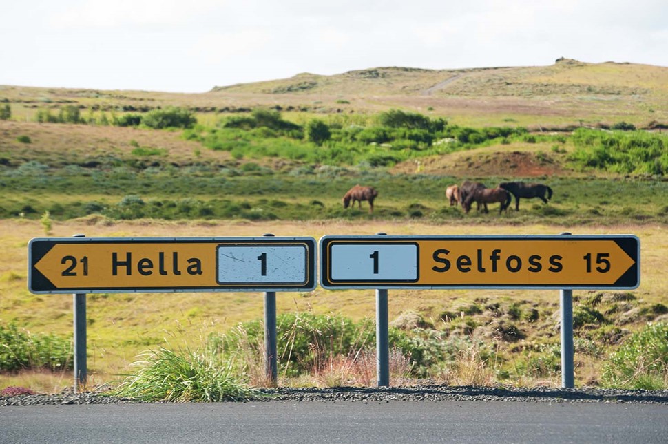 Road Trip Signs on Highway to Hella And Selfoss  in Iceand 