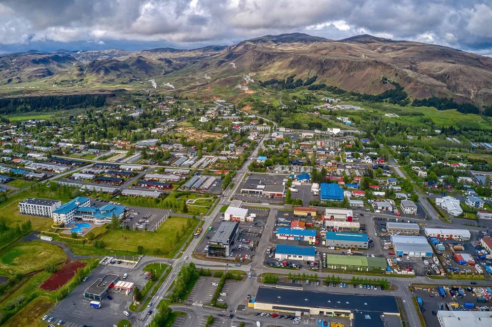 Aerial View of Downtown Hvolsvöllur Iceland during Summer 