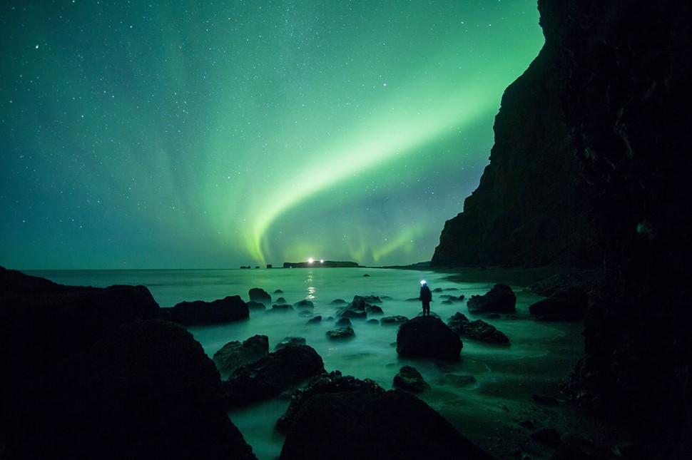 Northern Lights from Reynisfjara Beach in Iceland