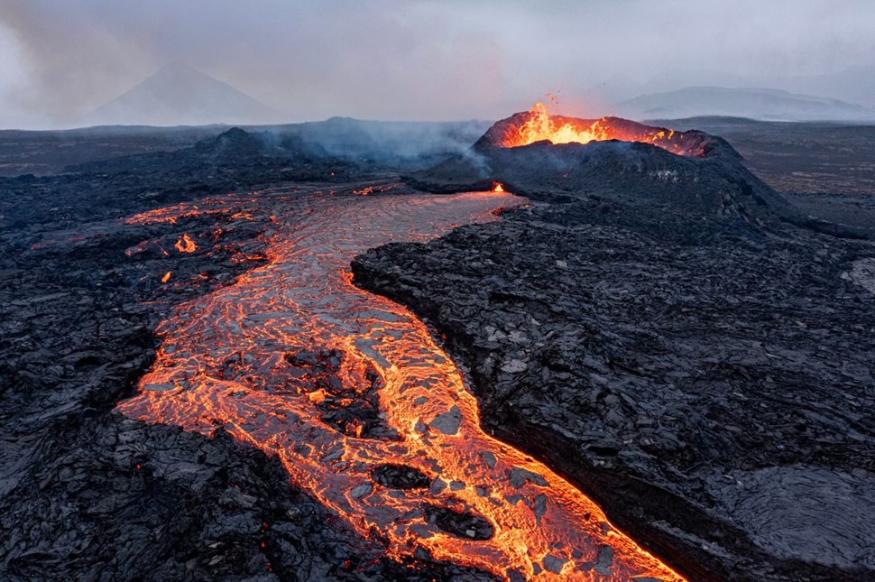 Lava flowing from the Litli-Hrutur volcano in Iceland