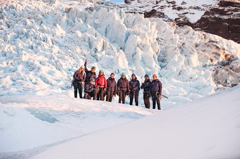 Group of people on glacier background