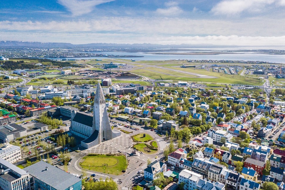 Reykjavik city scape frop the top with Hallgrimskirkja church. Aerial photo. religious building