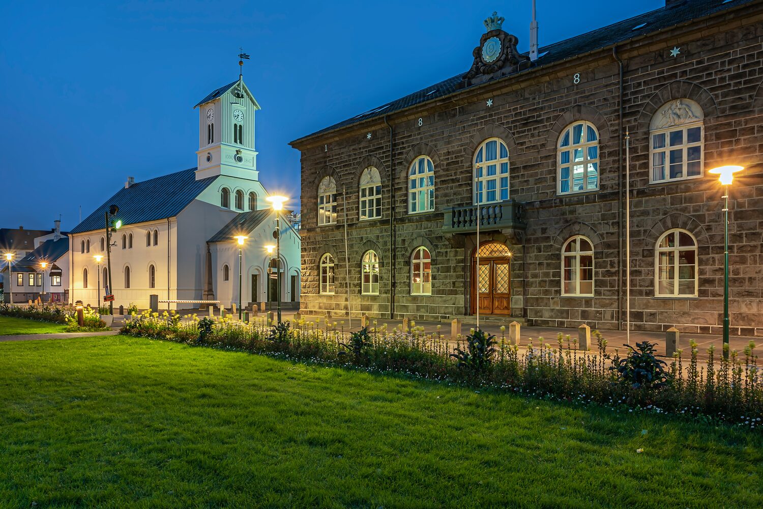 Domkirkjan (Lutheran Cathedral) and (Althingi) Parliament in Reykjavik, Iceland