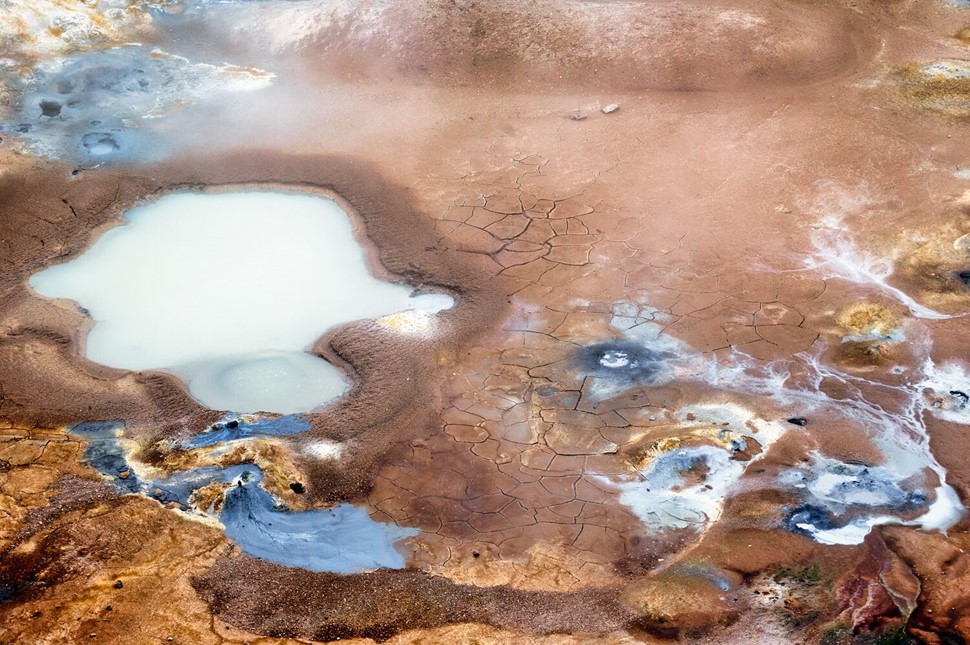 Krafla's colorful geothermal features from above