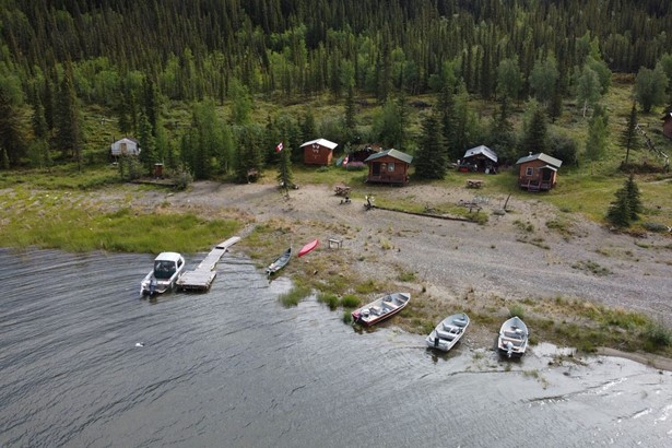 Fishing lodges and boats by the lake in Yukon