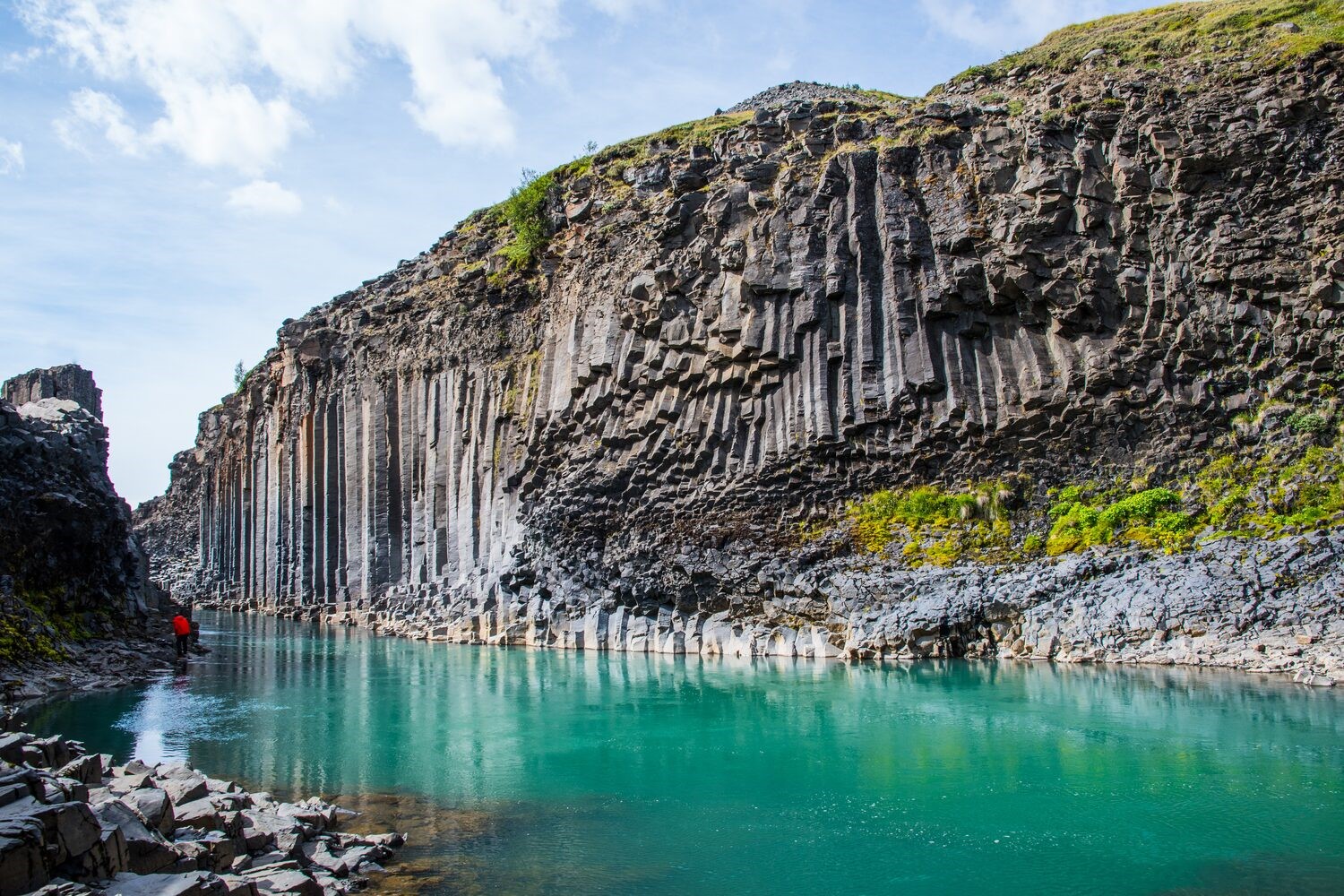 Studlagil basalt rock Canyon in Iceland overlooking sea green glacial river