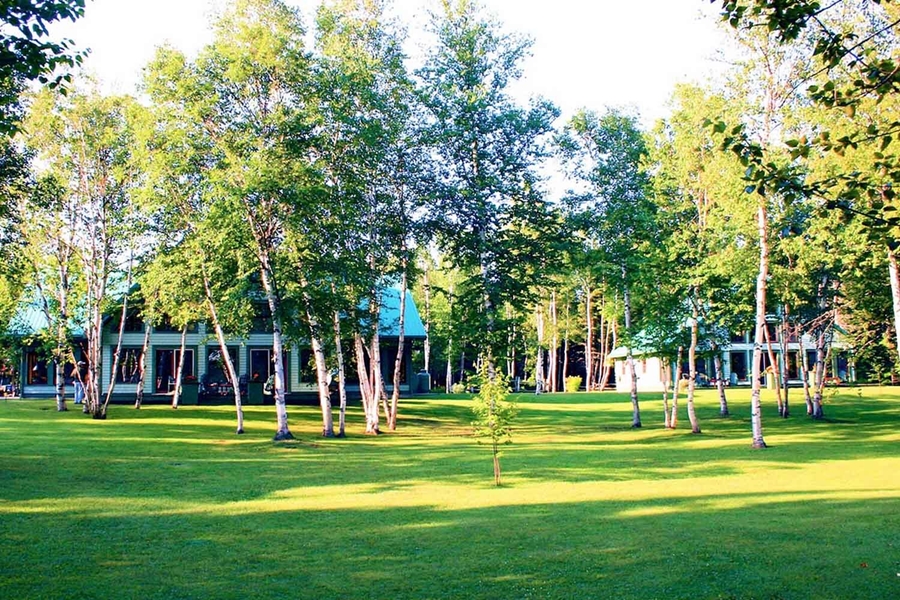 Two lodges with lots of trees and green grass in yard