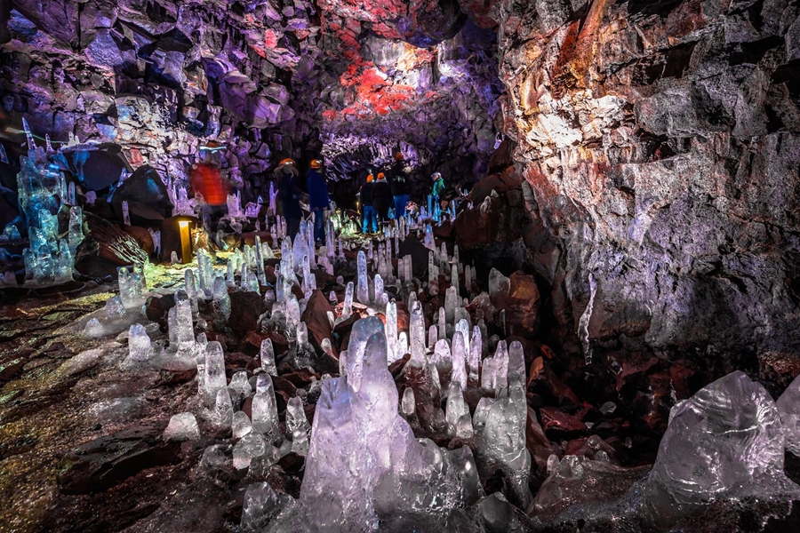 Raufarholshellir lava tunnel in Iceland with stalagmites