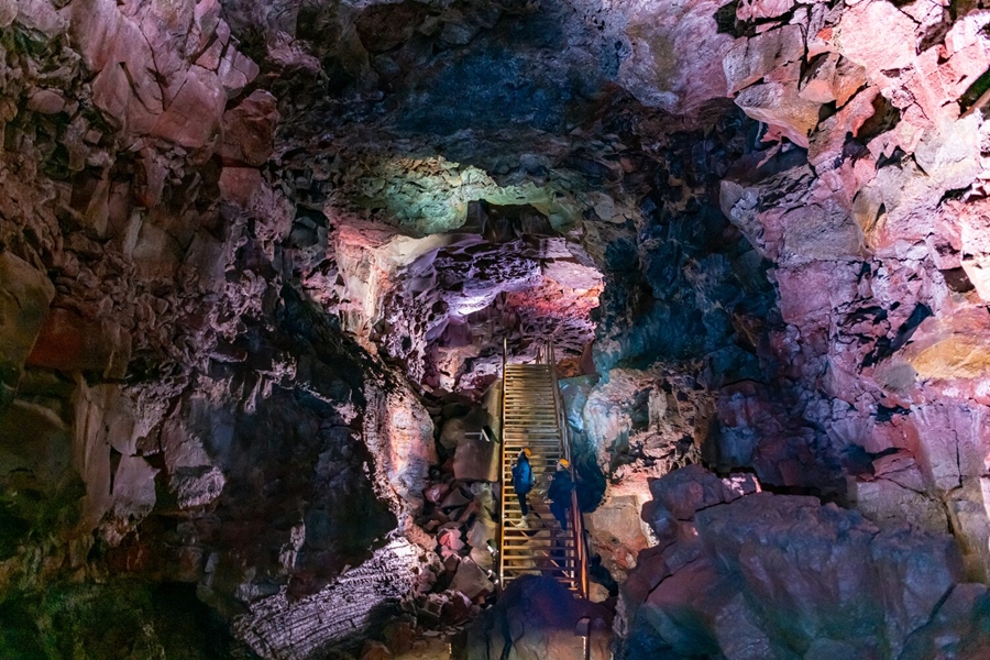 Raufarholshellir lava tube with stairs inside