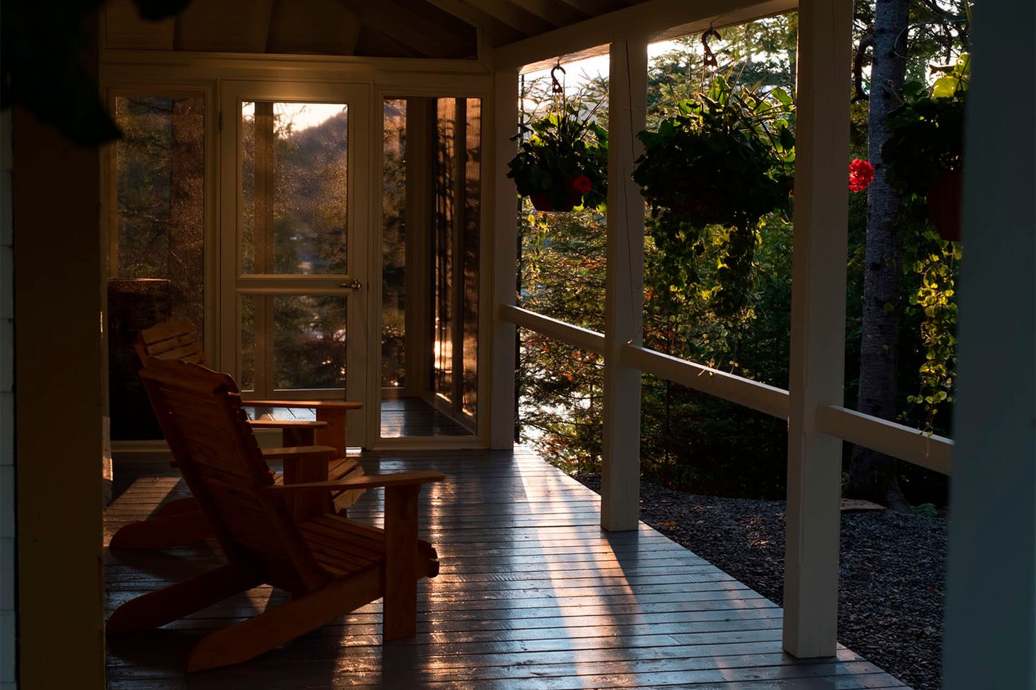 Fishing lodge terrace during sunrise in Canada