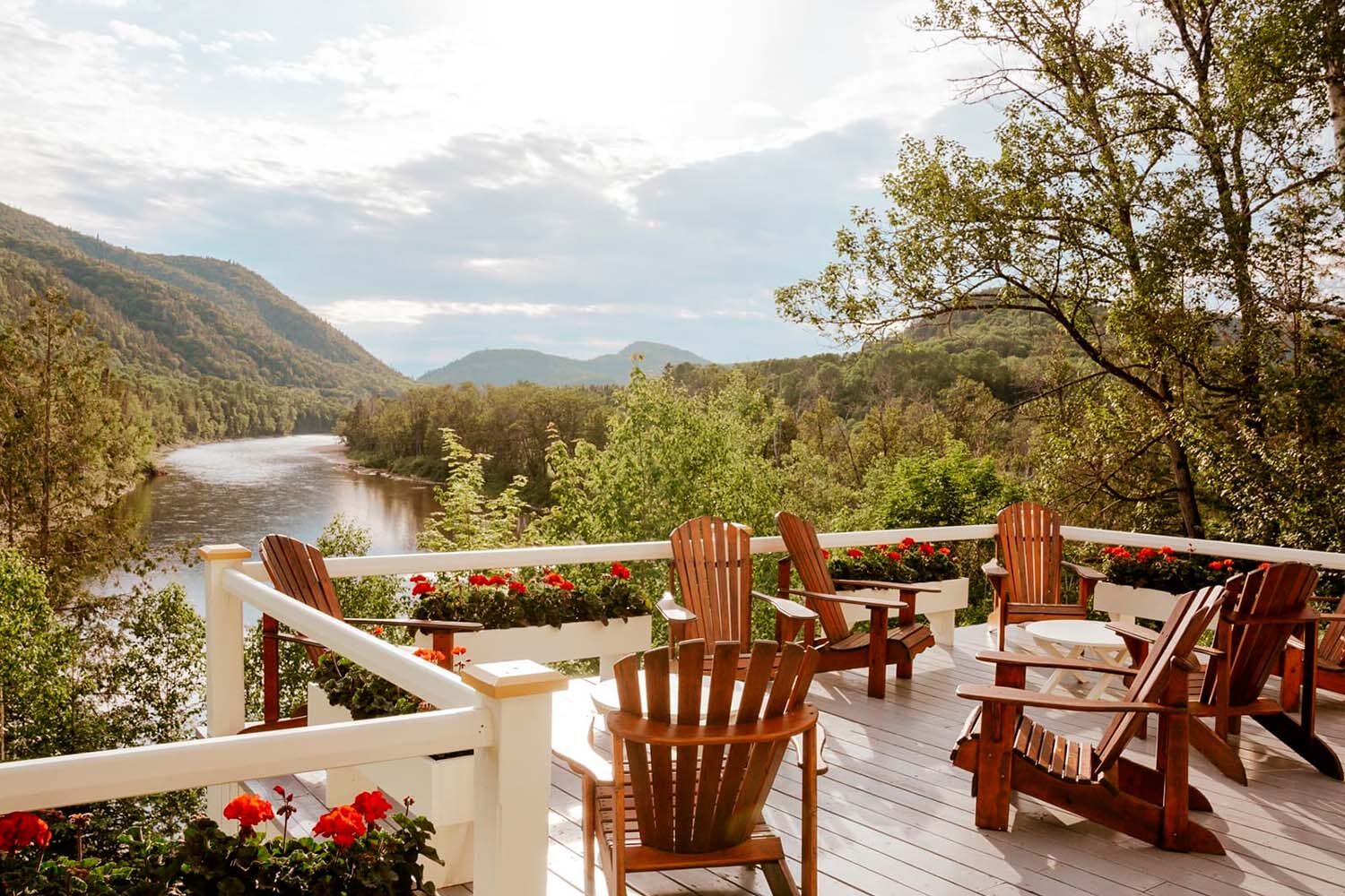 Cozy wooden terrace with river view in Canada