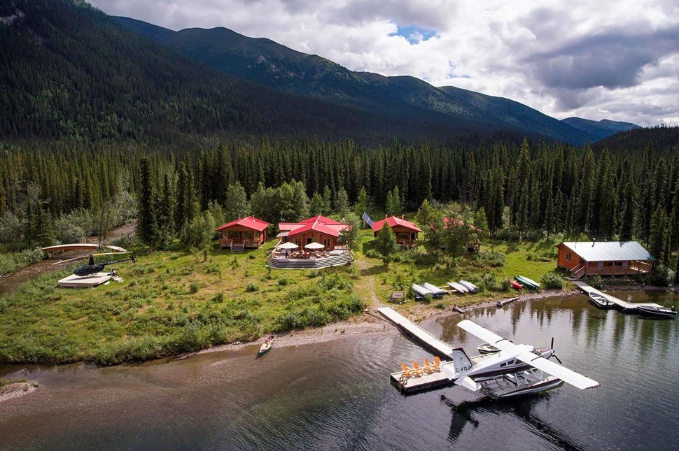 Aerial view of fly in fishing lodge in Canada