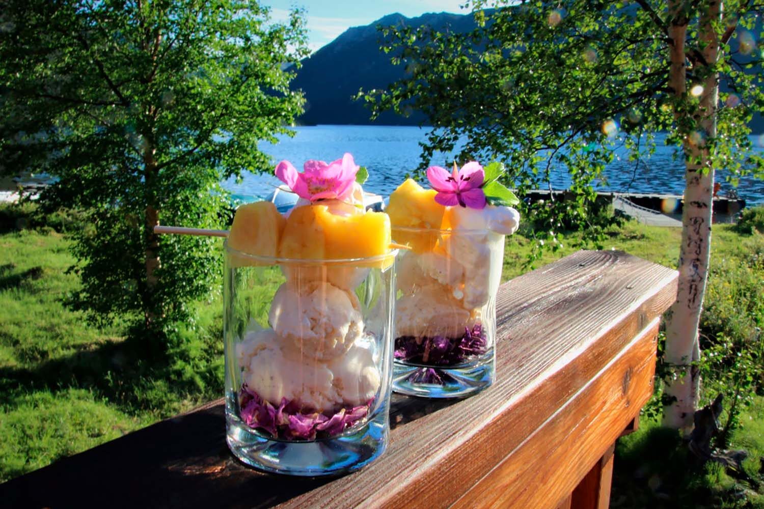 Ice cream dessert by lake
