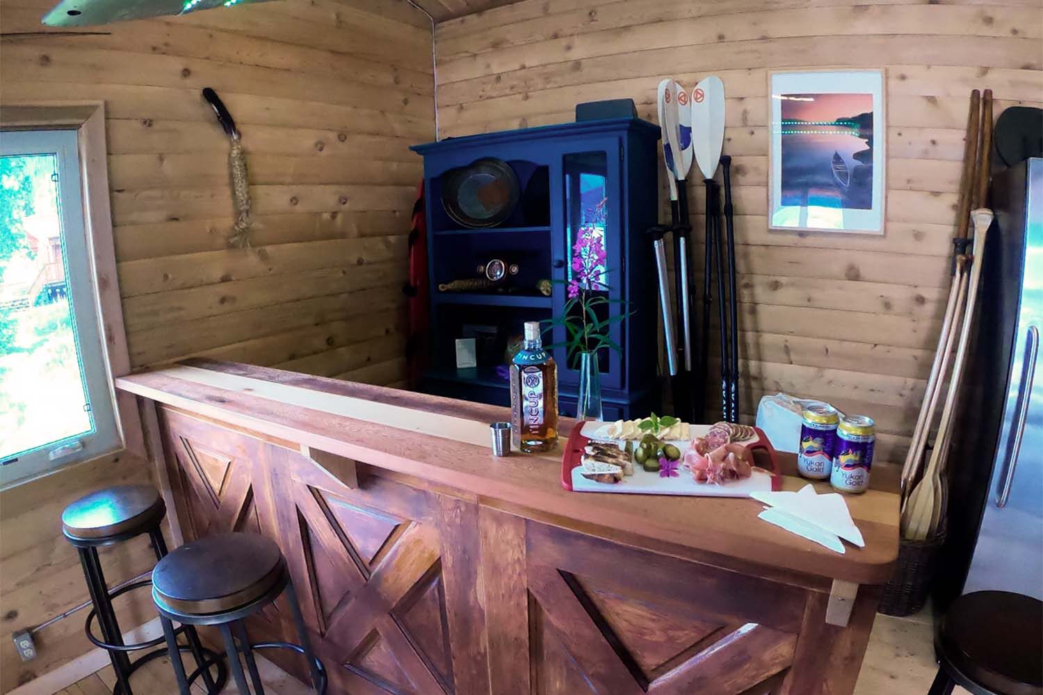 Wooden bar in wilderness lodge