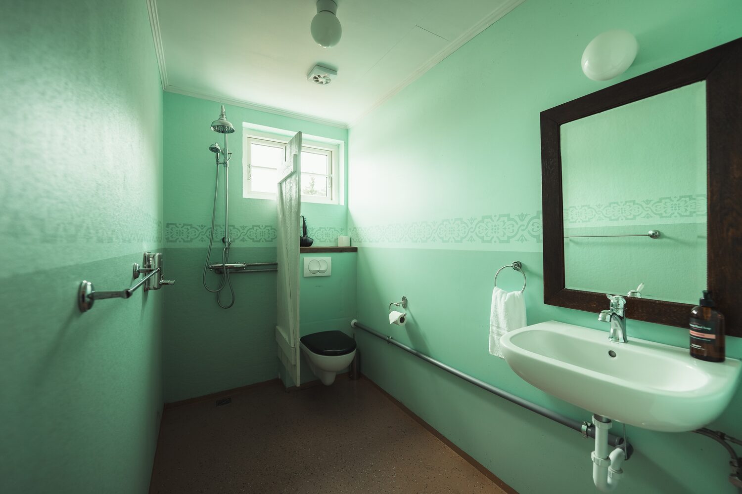Private ensuite bathroom with green painted walls at wilderness center hotel.