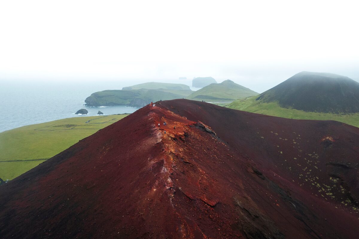 Red Eldfell volcano in Iceland