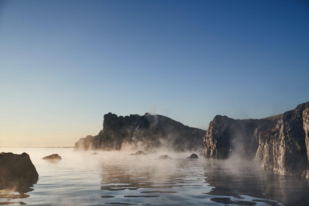 Steams above Sky lagoon in Iceland