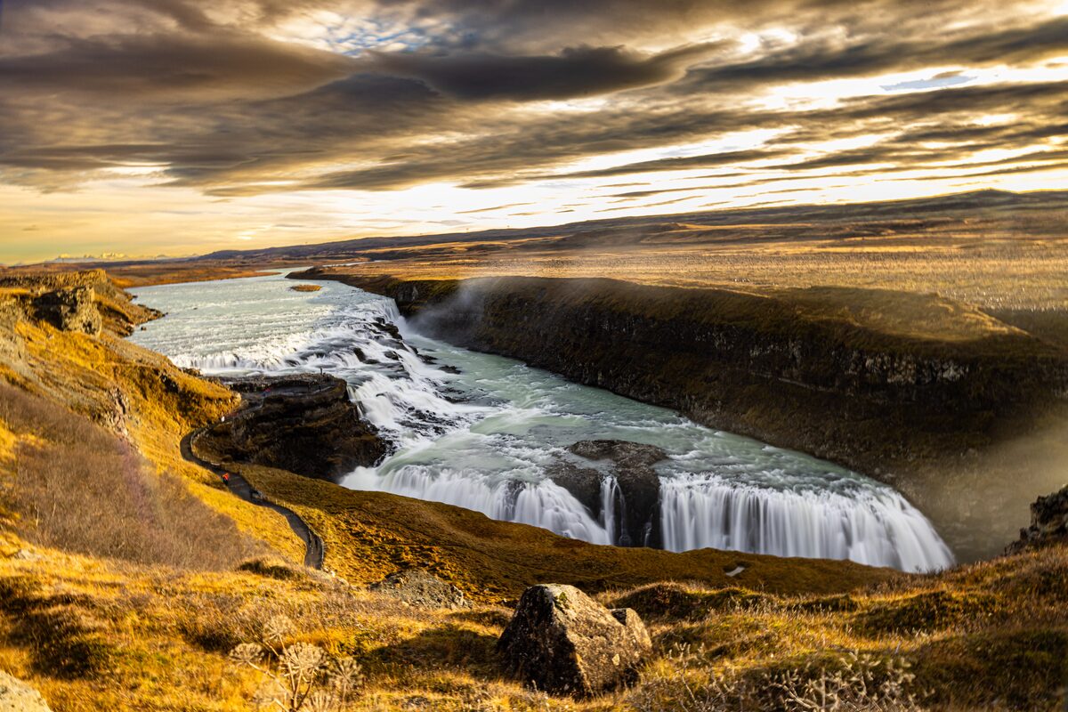Gullfoss waterfall at sunset in autumn