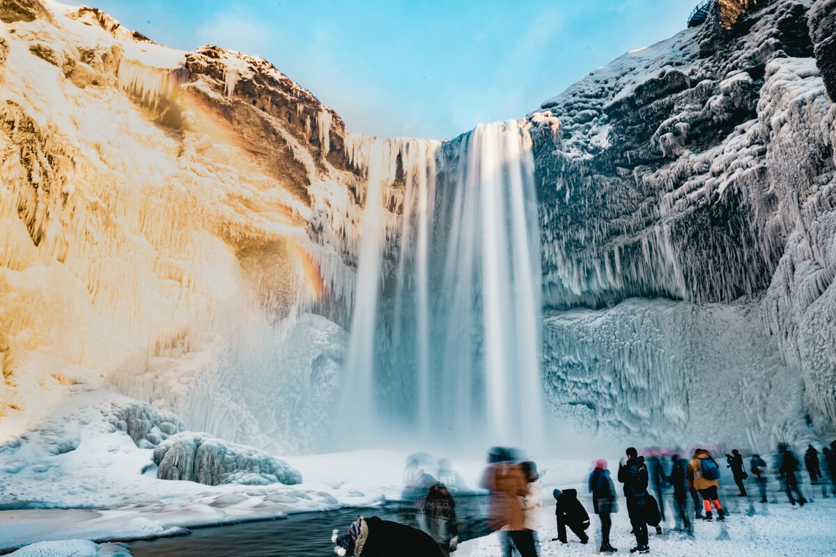 Snowy Skogafoss waterfall in winter time