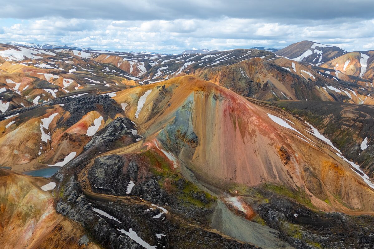 Close up view of Rhyolite multi-colored mountains at Landmannalaugar