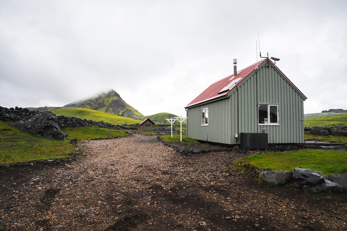 Green huts on Laugavegur trail