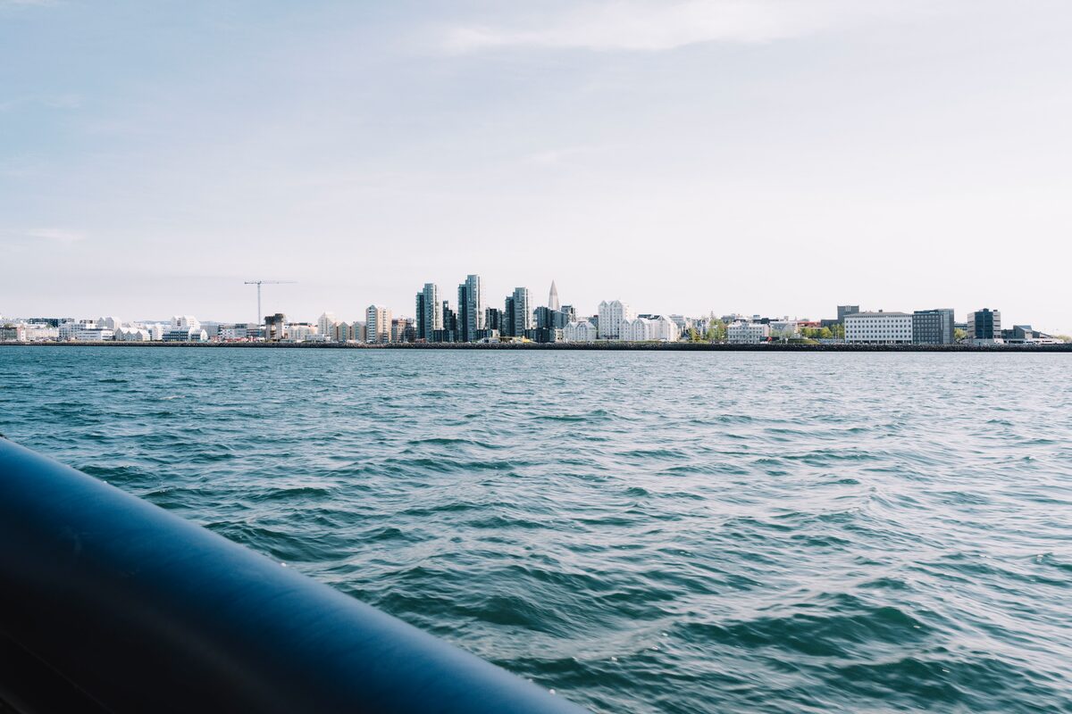 View of Reykjavik city and Harpa concert music hall from the ocean.