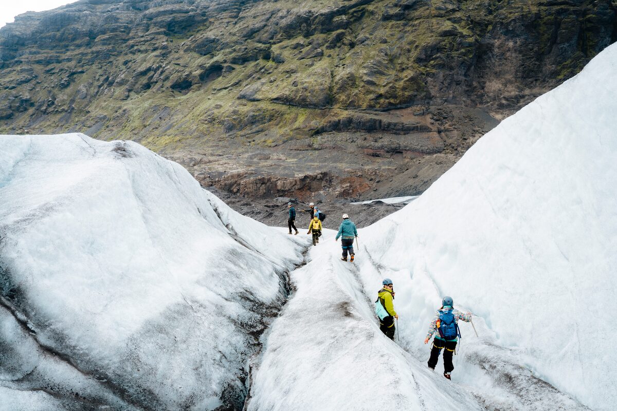  small group of hikers walking on icy glacier crevasses in Skaftafell, with a green glacier-covered mountain rising in the background under a cloudy sky.