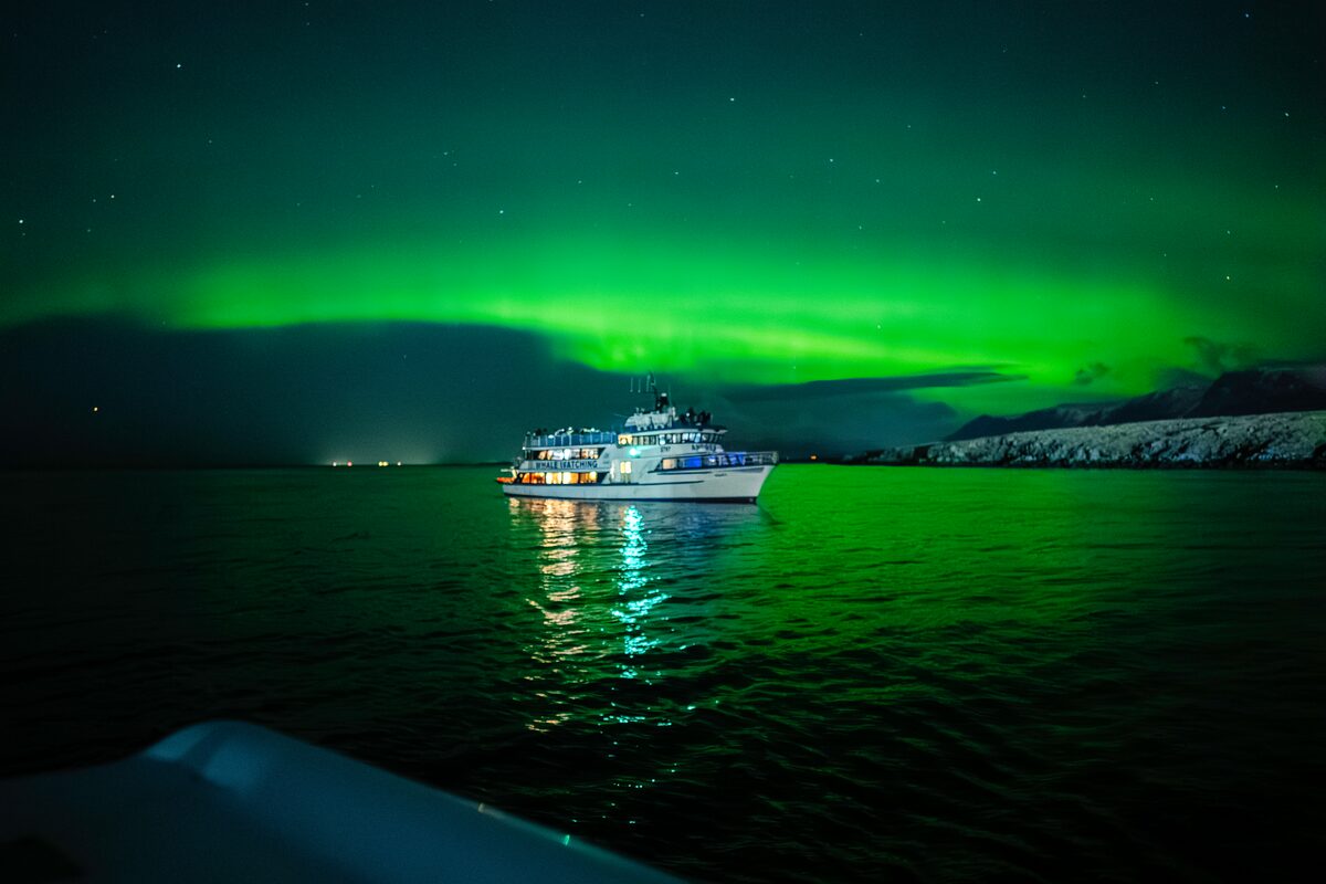White special tours boat at sea by Reykjavik, underneath a spectacle of bright green aurora borealis.