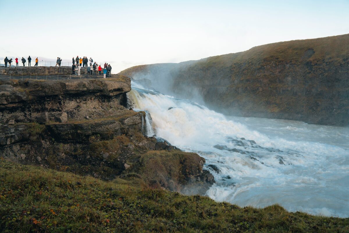 Tourists Next To Gullfoss Waterfall