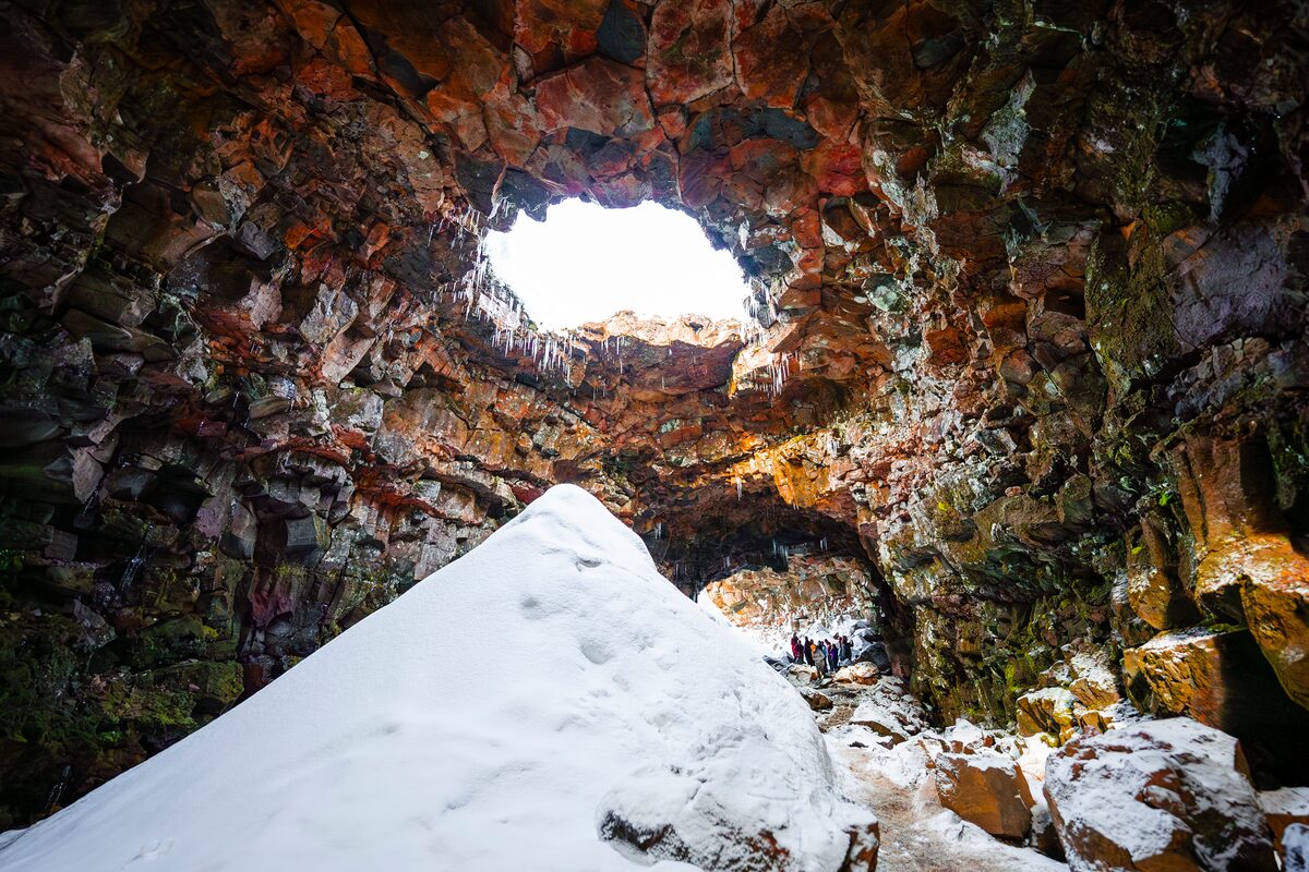 Lava Tunnels Opening In Winter With Snow Hill