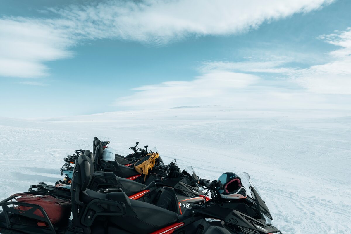 Snowmobiles Parked In A Line On Langjokull Glacier
