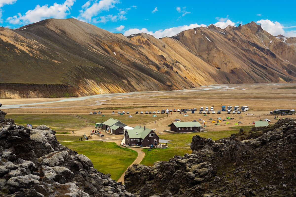 Landmannalaugar Base in iceland And Hikers At It