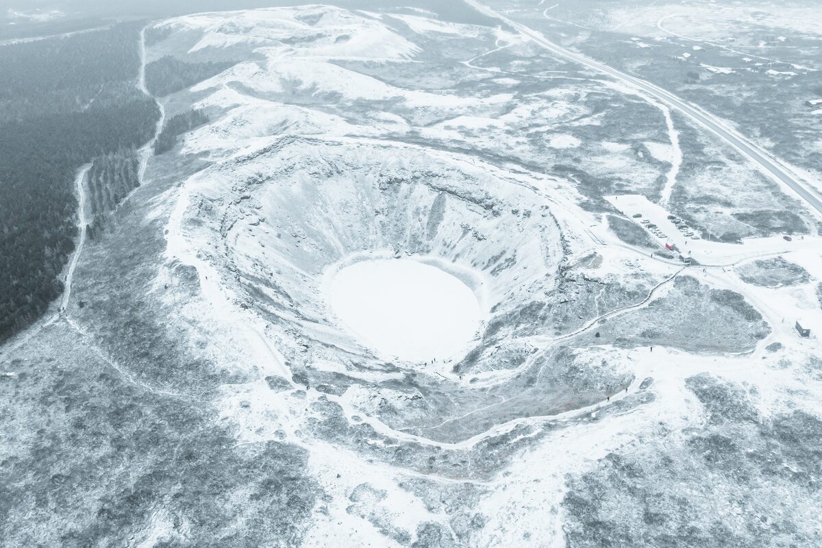 Kerid Crater Covered In Snow Photographed From Above in Iceland