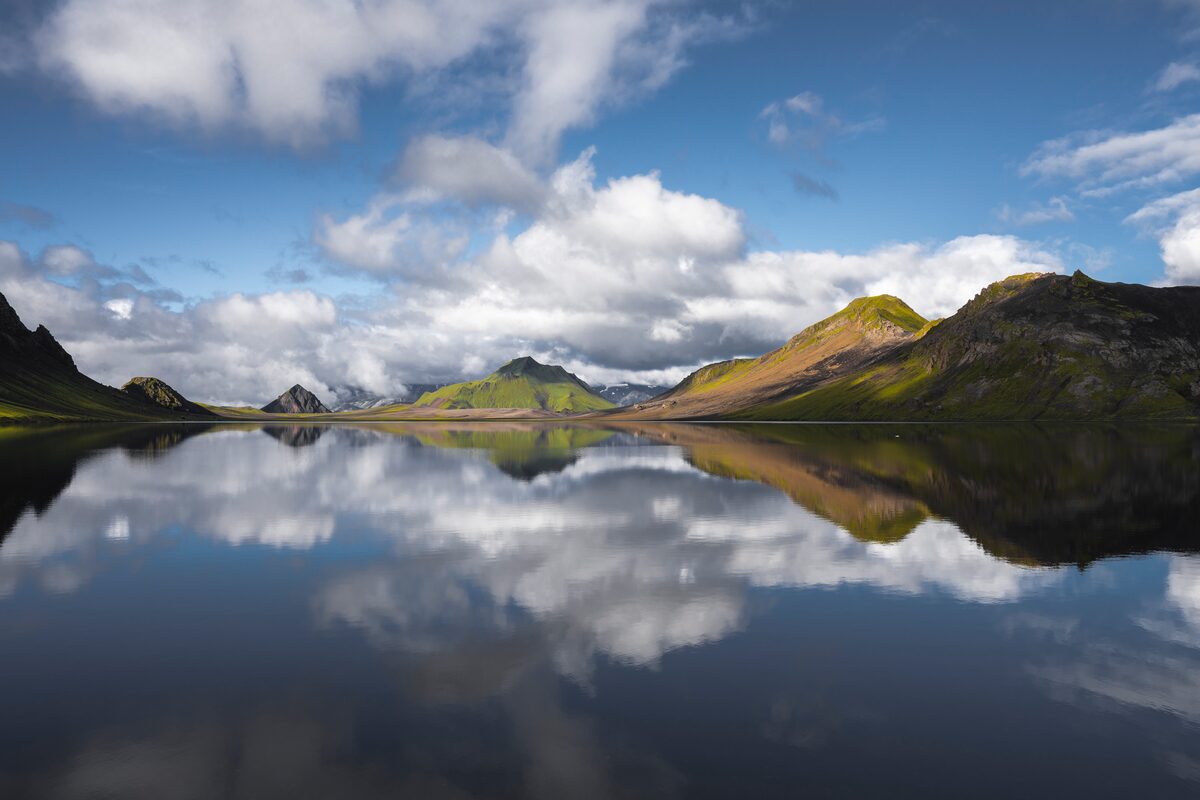 Alftavatn Lake In Iceland Highlands with mountains