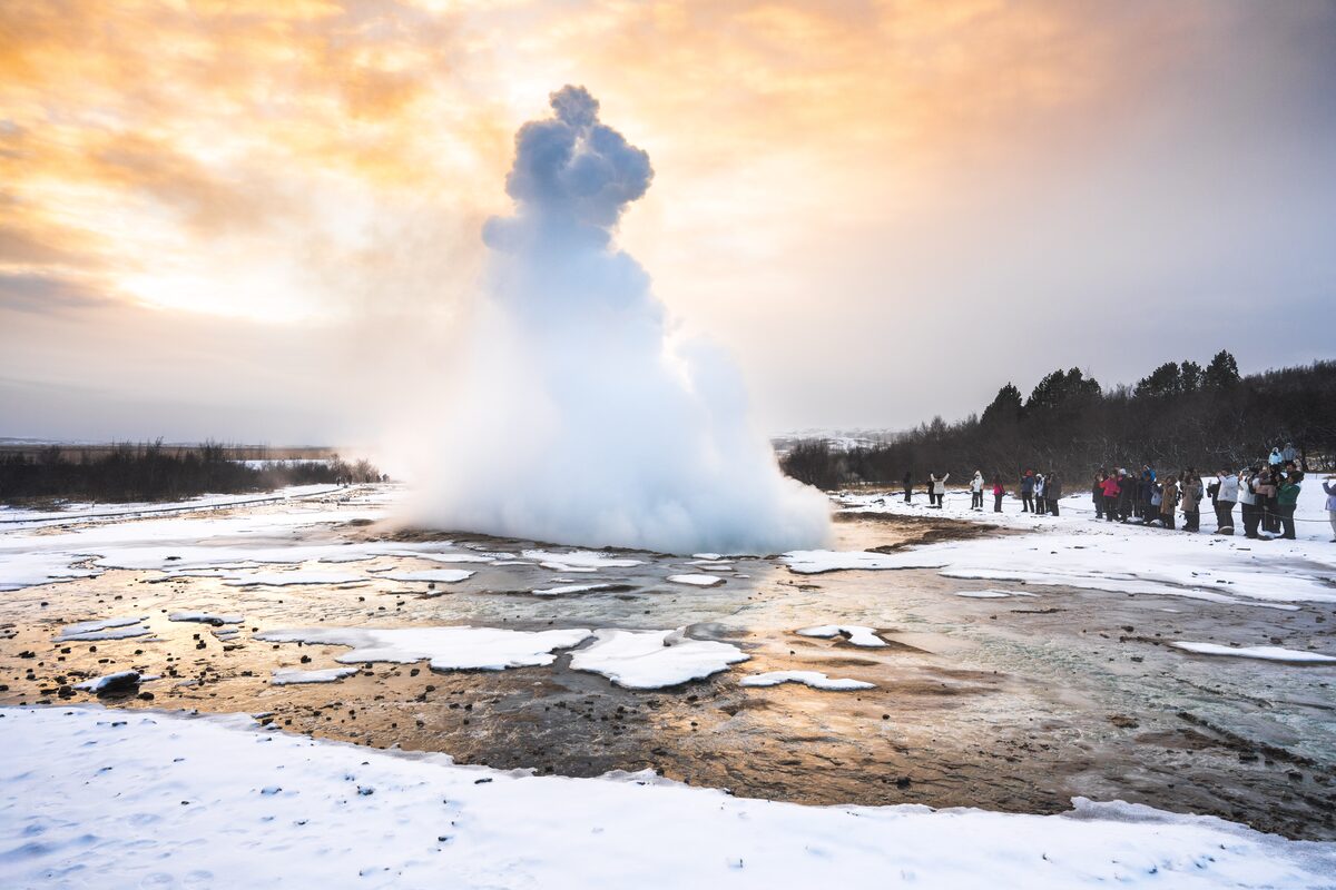 Snowy Geysir Erupting in iceland