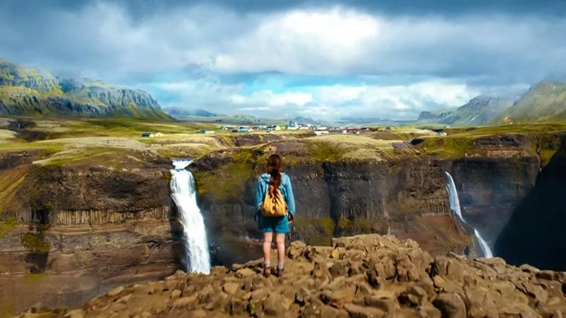 Screenshot from Stranger Things Season 5 (2025) filmed at Háifoss Twin Waterfalls in South Iceland