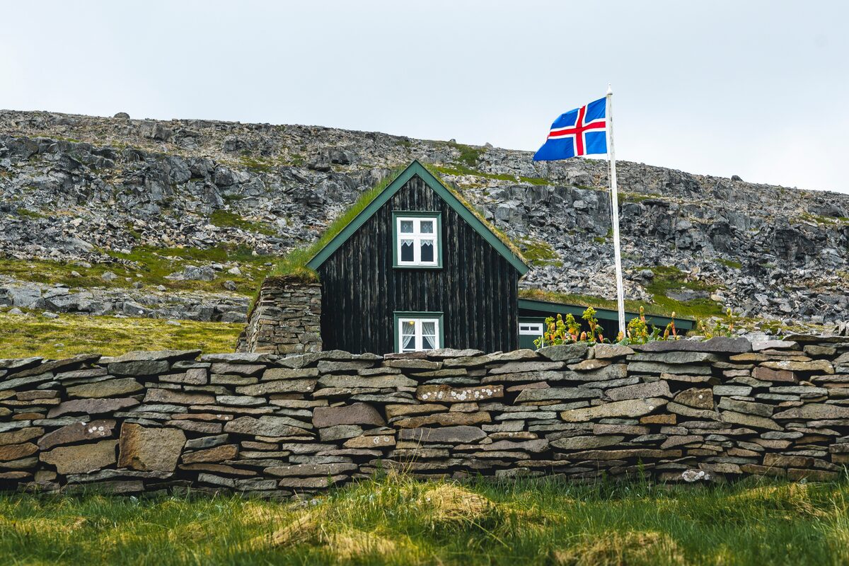 Turf House With A Stone Wall In Westfjords in iceland