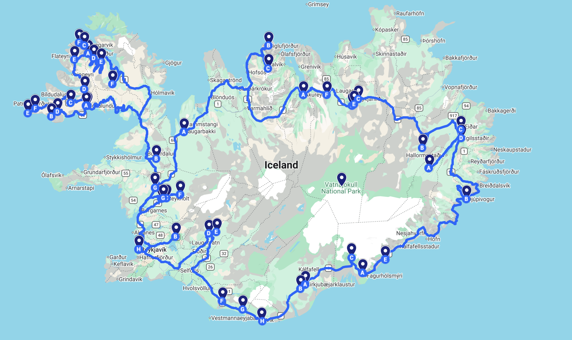Map Of 9 Day Westfjords Tour in iceland