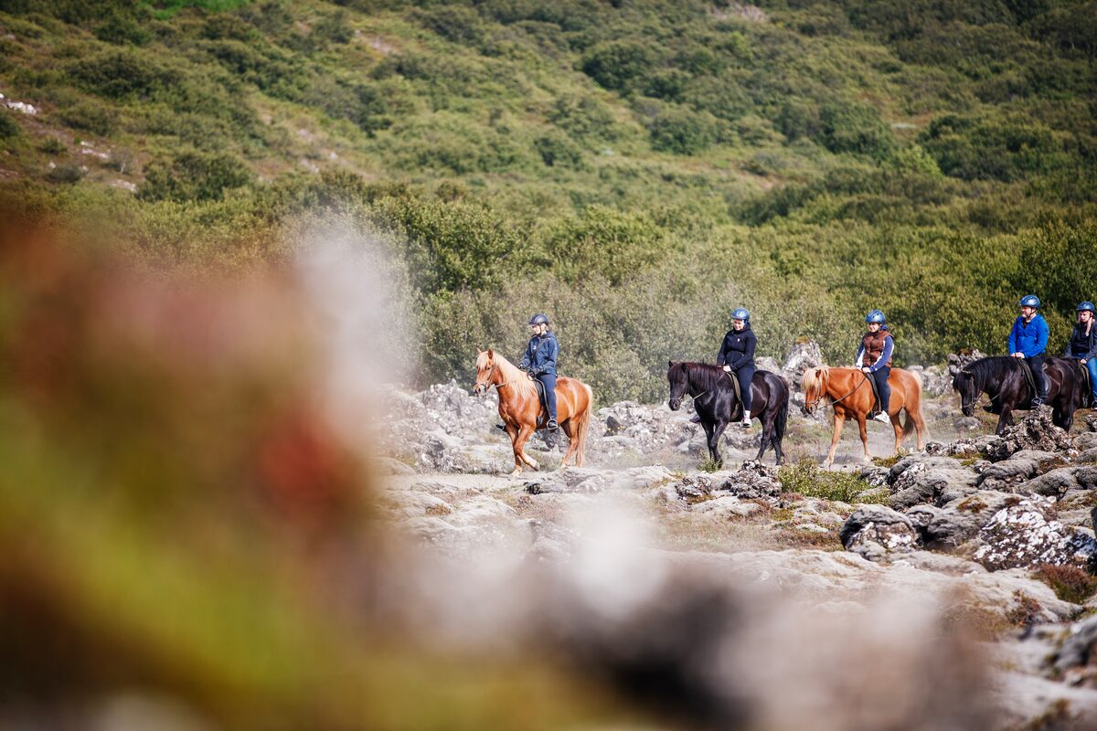 People On Horses Riding Through Rocky Road in Iceland