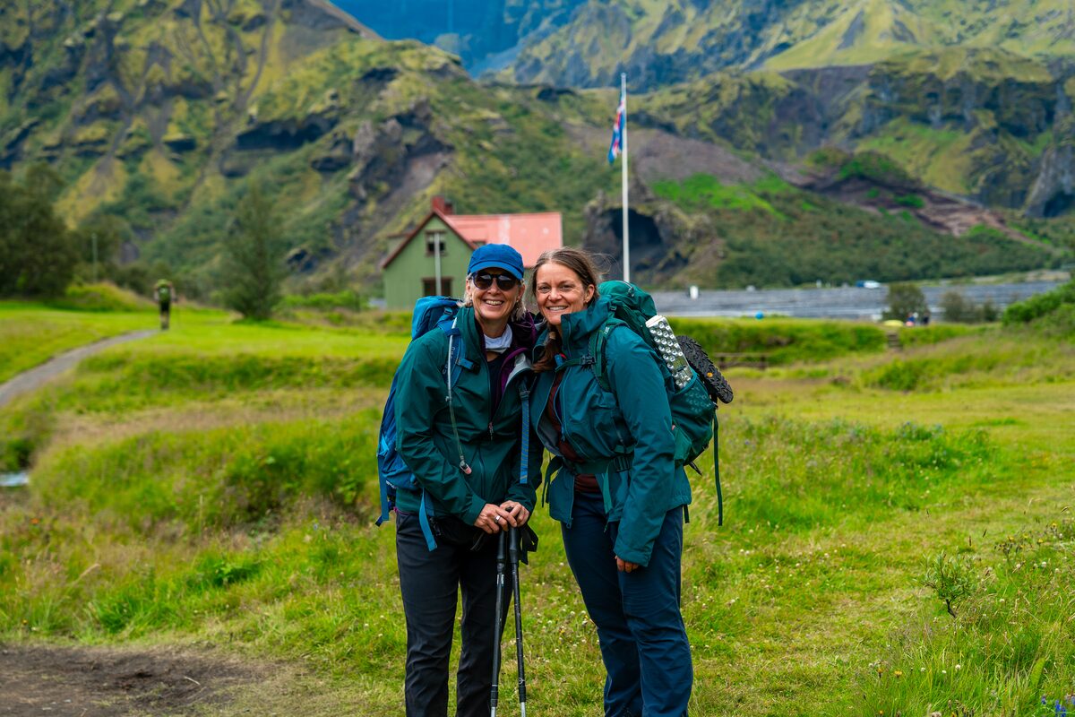 Two Women Smiling Posing At The Start Of A Landmannalaugar Hike in Iceland
