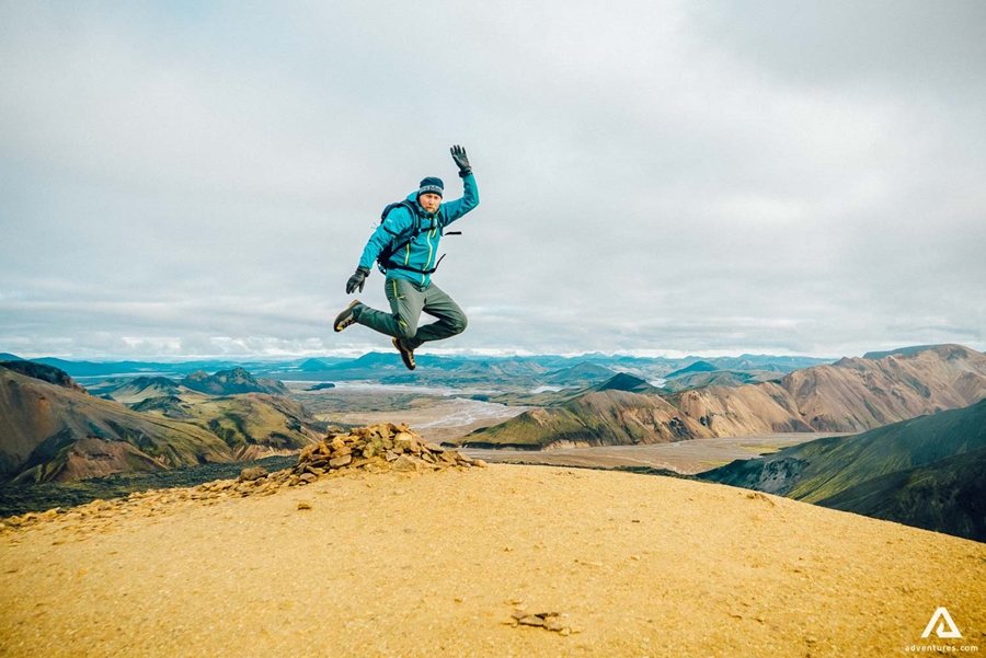 Man jumping on Landmannalaugar trail