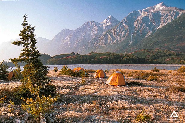 tents pitched up near Tatshenshini River in canada