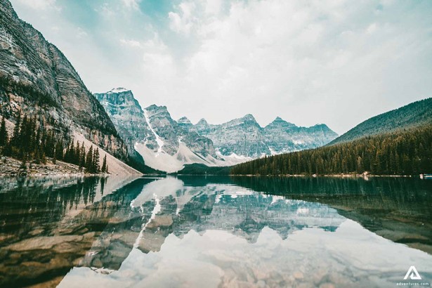 mountain mirror reflection on a lake in canada
