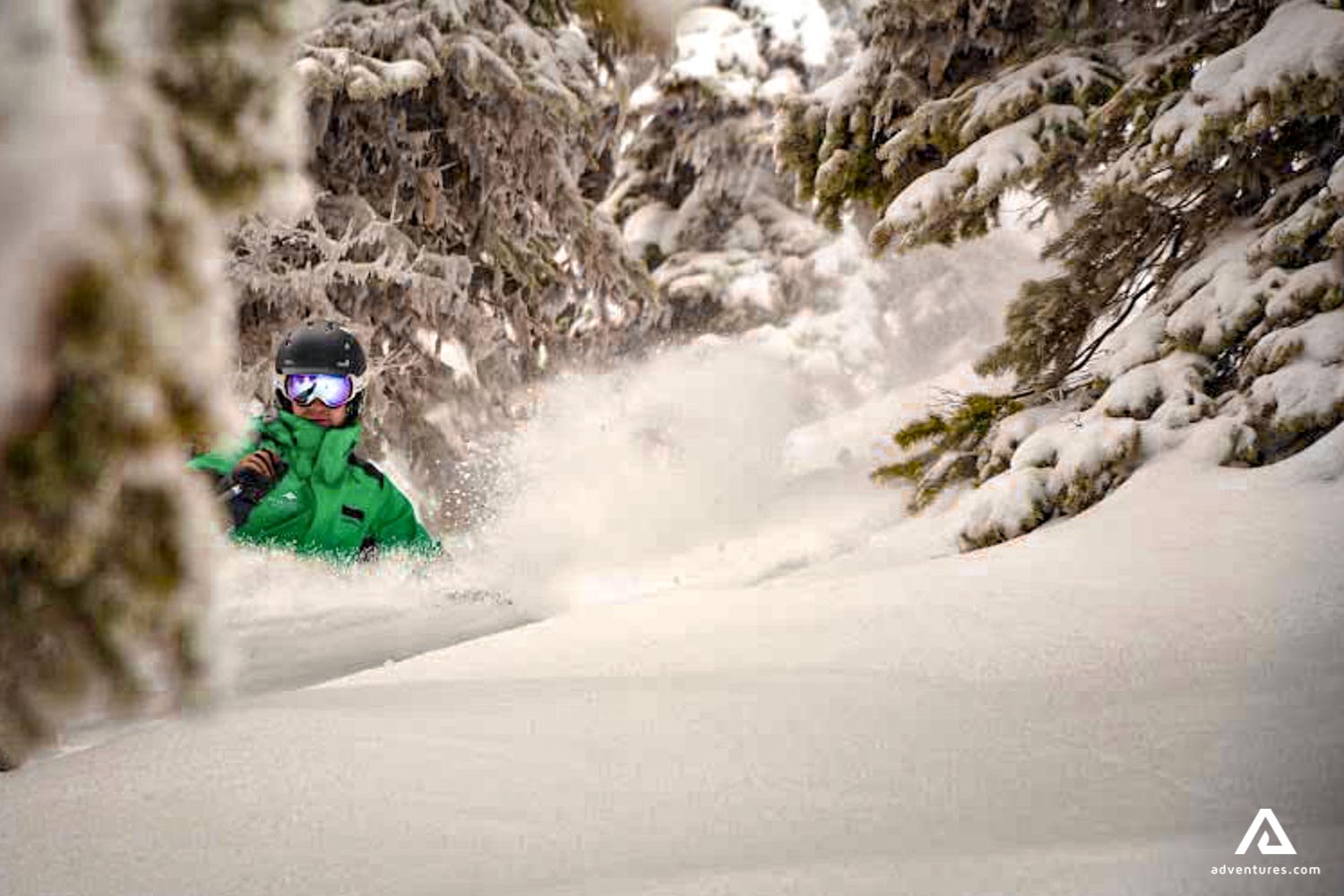 skier with a green jacket skiing